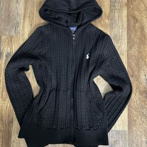 RALPH LAUREN BLACK CABLE KNIT ZIP UP